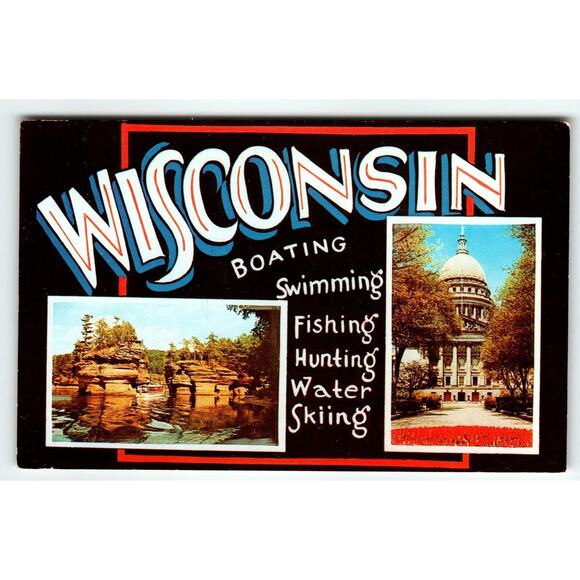 Greetings From Wisconsin Large Letter Postcard Boating Swimming Fishing Vintage - Picture 1 of 2